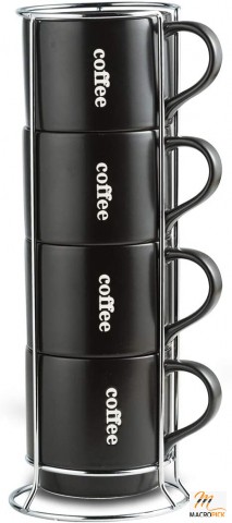 Stackable Black Coffee Mug Set with Rack - Durable & Easy To Clean 15 oz. Coffee Mug - Great Gift Option