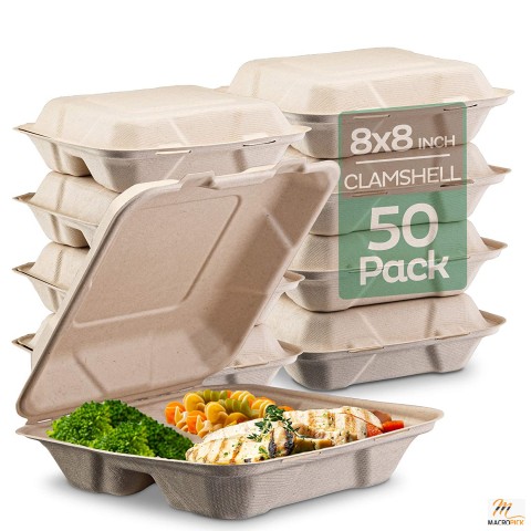 3 Compartment Clamshell Hinged Lid Food Container - Eco Friendly Made Of Sugarcane Fibers - Use For Hot Or Cold Food Items