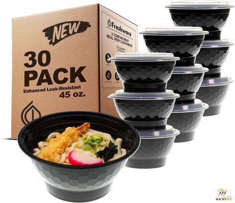 3 Compartment Meal Prep Containers - 30 Pack Enhanced Leak Resistant Plastic Bowls - Microwave & Dishwasher Safe Bento Box