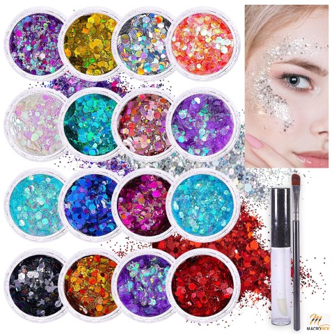 Holographic Body Glitter Set: 16 Colors + Glue for Face, Hair, Eyes - Ideal for Halloween, Craft, Nail Art