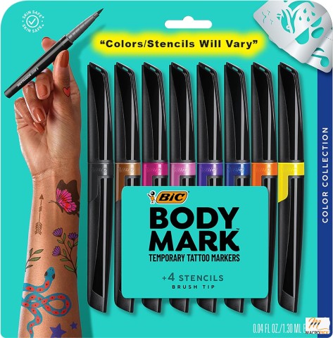 BIC BodyMark Temporary Tattoo Markers: Color Collection, Flexible Brush Tip, Assorted Colors, Skin-Safe, 8-Count Pack