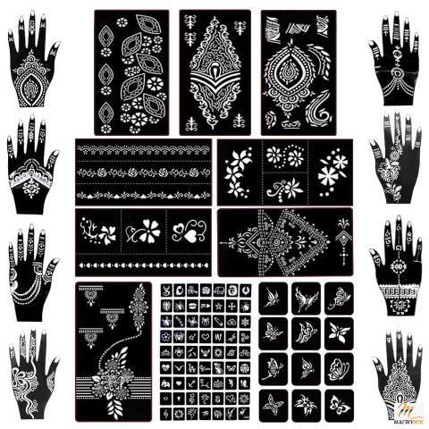 Koogel Henna Tattoo Stencil Kit: 97 PCS Glitter Airbrush Flower Stencils - Temporary Realistic Tattoo Stickers
