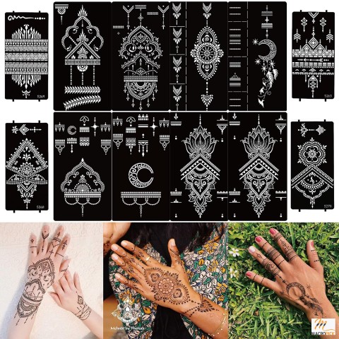 12-Sheet Henna Tattoo Stencils: Indian & Arabian Self-Adhesive Temporary Tattoo Templates