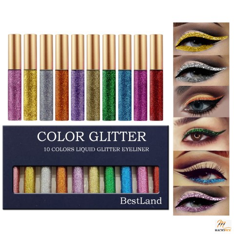 10 Color Liquid Glitter Eyeliner Set: Metallic Shimmer Eyeshadow Pigments for Party Festival Makeup