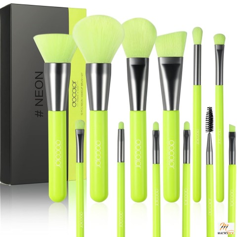 Docolor 10Pcs Neon Green Makeup Brush Set: Premium Synthetic Brushes for Powder, Foundation, Contour, Blush, Concealer, Eyeshadow, Blending, and Eyeliner