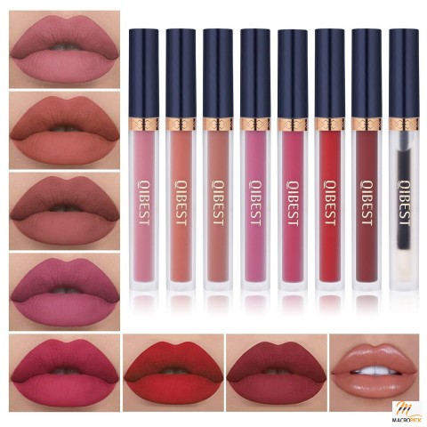 QiBest 7Pcs Matte Liquid Lipstick + 1Pcs Lip Plumper Makeup Set: Pigmented, Long Lasting Gloss Kit, Velvet Waterproof Lips - Valentine's Day Gift for Girls & Women