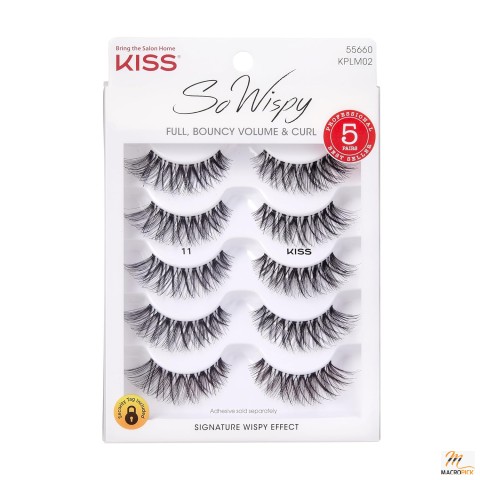 KISS So Wispy False Eyelashes, Style #11, 12mm, 5 Pairs, Contact Lens Friendly, Easy Apply, Reusable, Glue-On