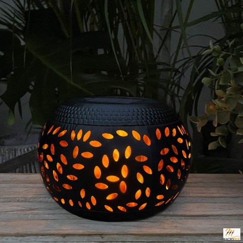 Solar Table Lantern: Waterproof, Dancing Flickering Flame, Black Metal Design. Solar Powered LED Light for Desk, Patio, Garden