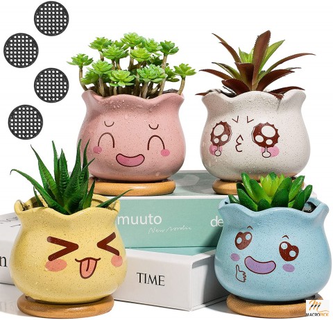 Ceramic Succulent Pots (3.5 inches) with Bamboo Tray, Drain Plates, and Mesh Pads - Ideal for Home and Office Decoration