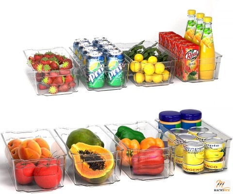 Set of 8 Refrigerator Organizer Bins - Stackable Design Plastic Food Storage Bins - Built In Handle With Easy Grip