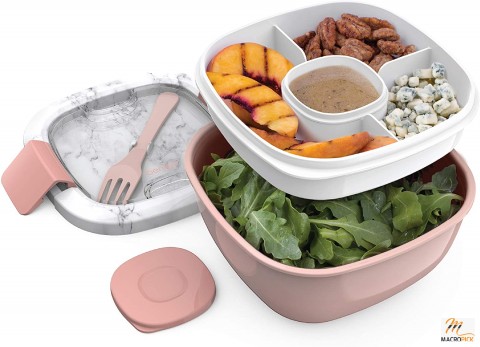 All-in-One Salad Container: Large Bowl, Bento Box Tray, Leak-Proof Sauce Container, Airtight Lid, & Fork for Healthy Lunches
