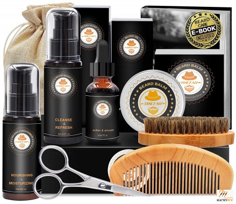 Complete Beard Care Set: Beard Conditioner, Oil, Balm, Brush, Shampoo, Comb, Scissors, Bag, and E-Book. Perfect beard gifts for men