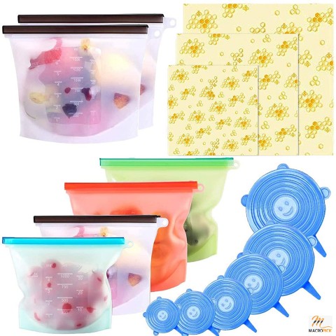 15 Pack Beeswax Wrap & Silicone Food Storage Bag & Silicone Stretch Lids