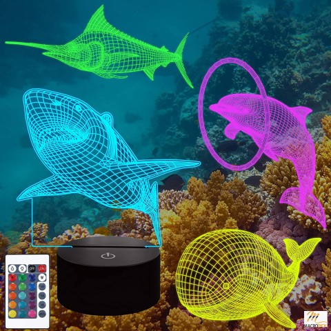 Sea Animals 3D Lamp Kits,Dolphin, Marlin,Shark,Whale 3D Night Light for Kids (4 Patterns) with Remote Control