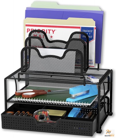 Mesh Desk Organizer with Sliding Drawer,Double Tray and 5 Stacking Sorter Sections