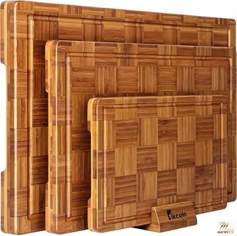 Pack of 3 Bamboo Wood Cutting Board Set with Deep Juice Grooves