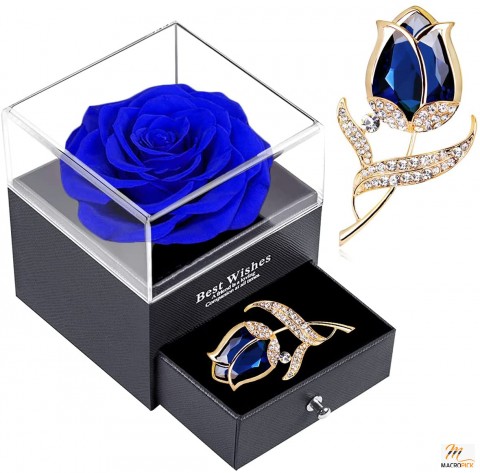 Blue Rose Gift Box | Enchanted Real Rose with Ruby Rose Brooch,Eternal Flower Rose,Handmade Preserved Rose