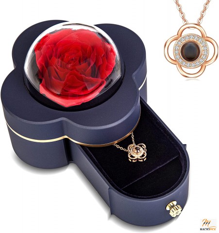 Preserved Red Real Rose with I Love You Necklace in 100 Languages Forever Gifts