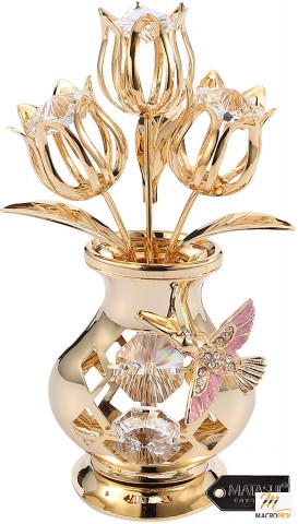 24K Gold Plated Crystal Studded Flower Ornament in Vase with Decorative Hummingbird Tabletop Ornament