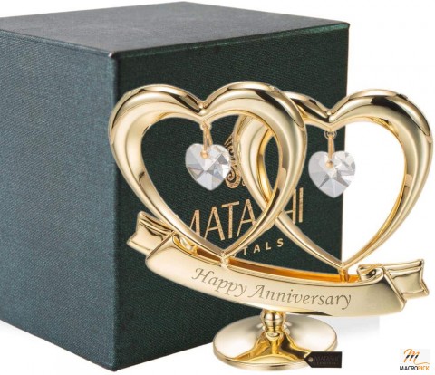 24K Gold Plated Happy Anniversary Double Heart Figurine Ornament with Genuine Crystals