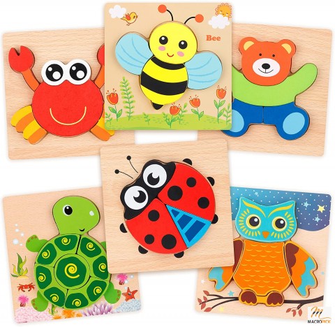 Wooden Jigsaw Puzzle Set, 6 Pack Animal Shape Color Montessori Toy