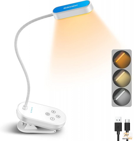 LED Mini Rechargeable Clip-on Reading Light 3 Colors & 5 Brightness Levels