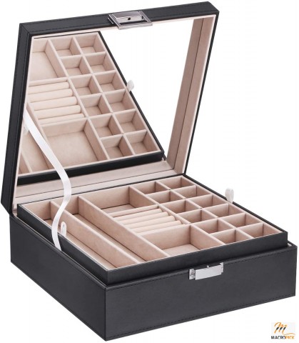 Jewelry Box Organize With 40 Unique Different Compartments  - 2 Same Layers Design With A Large Built In Mirror - Perfect Wedding Gift For Women