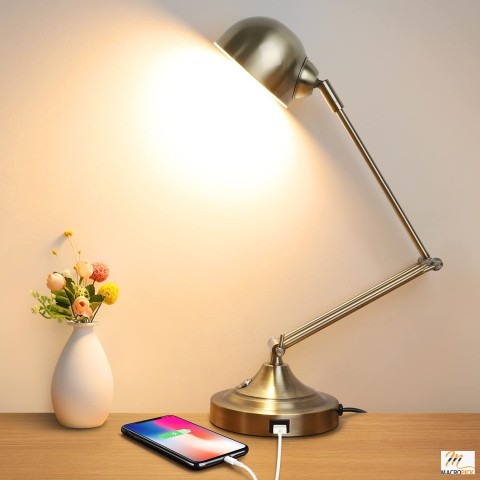 3-Color in 1 LED Desk Lamp with USB Charging Port,Touch Control Brass Metal Architect Drafting Table Lamp for Bedside