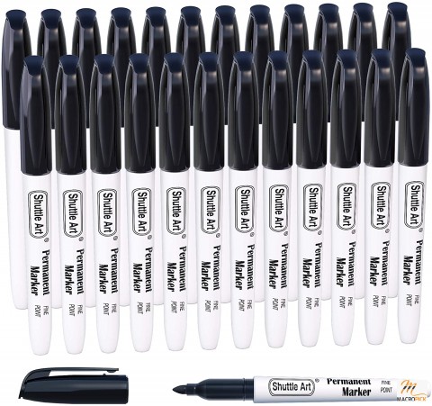 24 Pack Waterproof Black Permanent Marker Set - Fine Point Permanent Markers Great For Drawing, Writing , Doodling & More