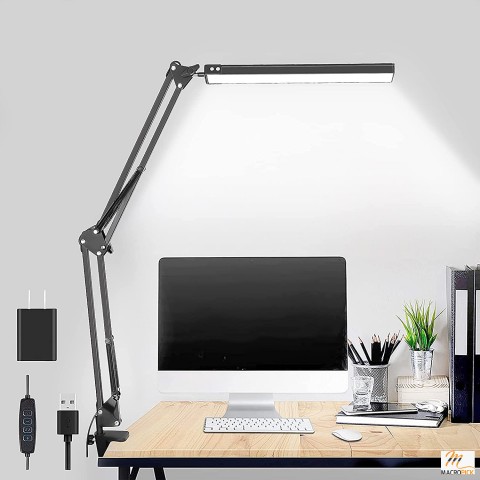 LED Desk Lamp,Adjustable Swing Arm Lamp with Clamp,Eye-Caring Reading Desk Light,Memory Function Desk Lamps for Home Office with Adapter