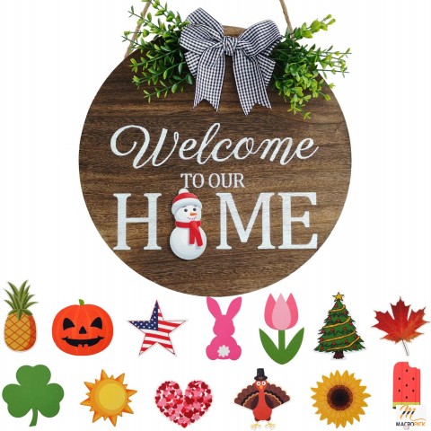 Changeable Seasonal Welcome Door Sign Welcome Wood Round Wreath to Our Home