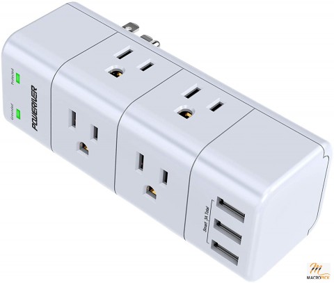 Power strip with 6 outlet extenders (3 side),a wall-mountable surge protector,and an outlet splitter with a rotating plug