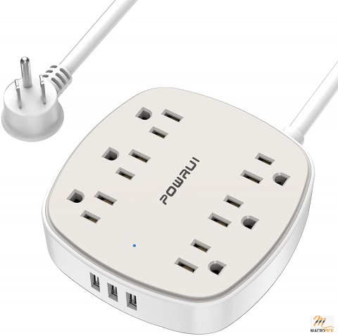 Flat Plug Extension Cord with 6 Outlet Extender,3 USB Ports and Power Strip Surge Protector