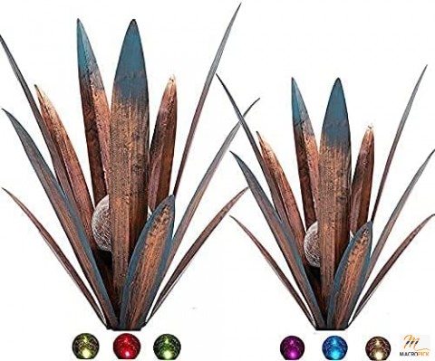 2 Pcs Metal Agave Plant For Garden Decoration - 6 Colors LED Glass Ball Light