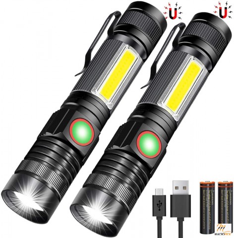 USB Magnetic Flashlights with COB Flash Light,Rechargeable Tactical Flashlight,2 Pack