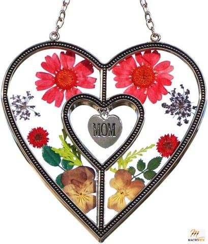 Unique Design Mothers day Heart Suncatchers - Window decor Wind Chime with Pressed Flower - Stained Glass Handicraft Engraved  Ornament