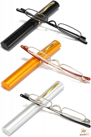 Ultra Small Reading Glasses For Men Women Slim Pocket Readers with Pen Clip Metal Case Spring Hinge 3 Pairs