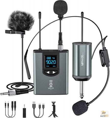 Microphone System Headset Mic/Stand Mic/Lavalier Lapel Mic with Rechargeable Bodypack Transmitter & Receiver