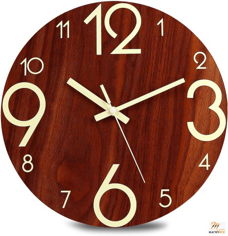 12''Super Quiet And Non Ticking Wooden Clock with Night Light | Four Extra Large Numbers For Easy Reading