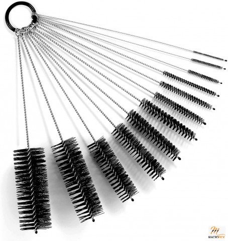 Set of 12, 9.8 Inches Nylon Brushes With Varying Diameters | Flexible & Deformable Stainless Steel Handle | Wide Range Of Cleaning Applications