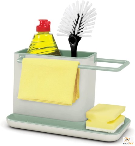 Kitchen Sink Caddy Organizer | Integrated Rail for Hanging Dishcloths | Ample Storage Space for Bottles & Brushes | Drainage Plate with Base for Wet Sponges