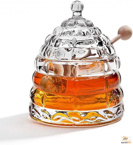 Beehive honey dish with dipper and a crystal honey jar