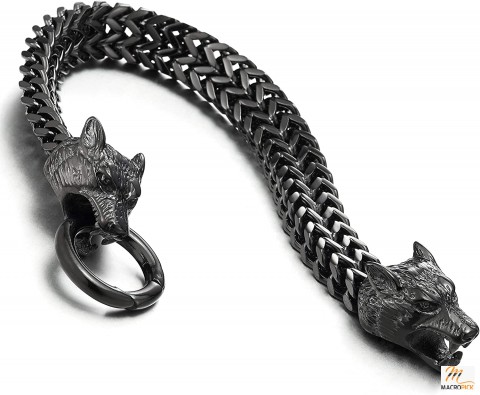 Stainless Steel Wolf Head Franco Link Curb Chain Bracelet with Spring Ring Clasp 8.7 Inch