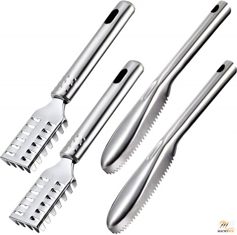 4 Pcs Fish Scaler Brush Set | Stainless Steel & Sawtooth Scarper Remover | Remove Fish Scales Quickly & Safely