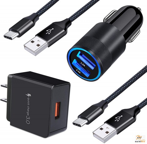 Car Charger Adapter | Quick Charge 3.0 Wall Charger Block Plug & 6ft USB Type C Fast Charging Cable