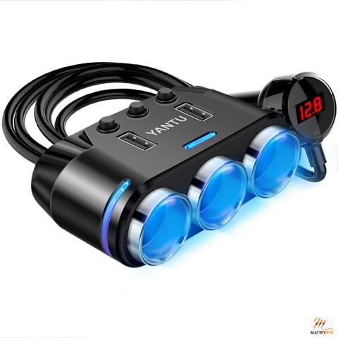 LED Voltage Display 3 Socket Cigarette Lighter Splitter