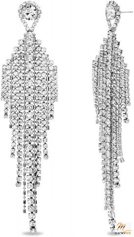 Silver Tone Rhinestone Fringe Chandelier Earrings For Women