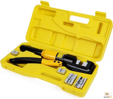 Battery cable lug terminal crimping tool with 10 tonnes of hydraulic power and 9 pairs of dies