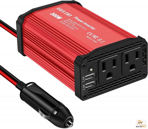 Red-Colored 300W Power Inverter DC 12V to 110V AC Car Power Converter with Dual USB Ports