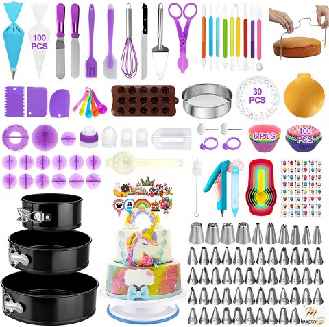 400+ pcs Cake Decorating Supplies Kit - 3 Packs Springform Cake Pans Cake Rotating Turntable - 48 Numbered Piping Icing Tips - 4 Russian Nozzles - 8 Fondant Tools for Beginners